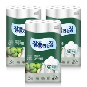 미래생활 잘풀리는집 브리즈 그린애플 3겹 화장지 25m x 30롤 x 3팩