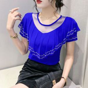 라인댄스복 상의 여성 탱고 왈츠 둥근 짧은 슬리브 티셔츠 여름 섹시 메쉬 탑 슬림