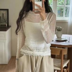 여자 레이스 시스루 주름 셔츠 슬림 망사 여성 은은한 블라우스 간절기 초여름 이너티