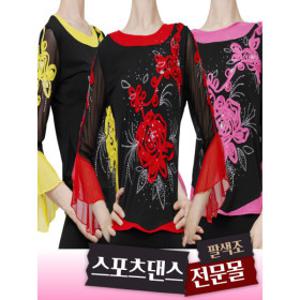 팔색조댄스 /빅 장미망사 티셔츠/스포츠댄스복 /여성상의/ 밸리 라인 라틴 난타 장구/단체복.행사복(55~88)