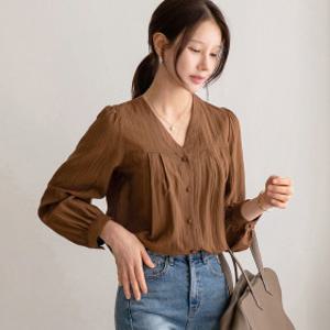 캔마트 브이넥 퍼프 핀턱 셔링 블라우스