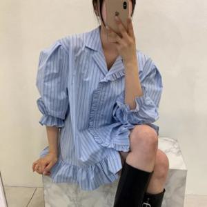 스트라이프 셔츠 원피스 루즈핏 오버핏 블라우스 줄무늬 카라 러플 블라우스