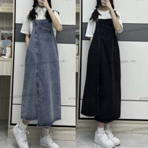 가을 멜빵원피스 데님 슬림핏 A라인 옆트임 뷔스티에 청 롱원피스 봄 여름 빅사이즈 B88