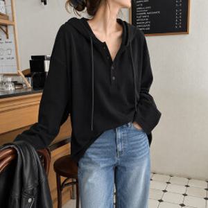 로넌 여성 코튼 루즈핏 버튼 헨리넥 후드 긴팔 티셔츠 레이어드 가을 간절기