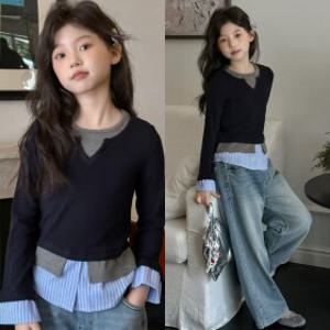 여아 티셔츠 주니어 초등학생 유아 키즈 옷 의류 봄 가을 레이어드 셔츠 배색 긴팔티셔츠 등원복 외출복