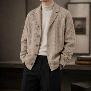 남성 꽈배기 니트 카디건 두꺼운 카라 단추 가을 겨울 스웨터