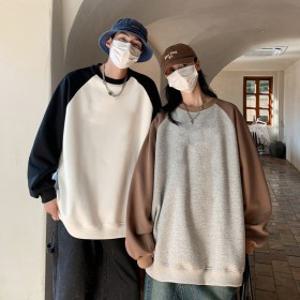 빈티지 무게감 있는 맨투맨 봄·여름용 루즈핏 배색 래글런 긴팔 가을 라운드넥 상의