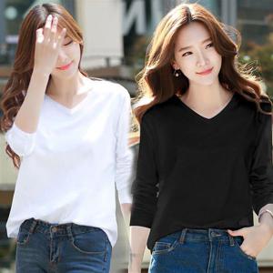 여성 루즈 핏 라운드 브이 넥 티 셔츠 기본 여유있는 편한 편안한 데일리 코디 봄 긴팔 룩