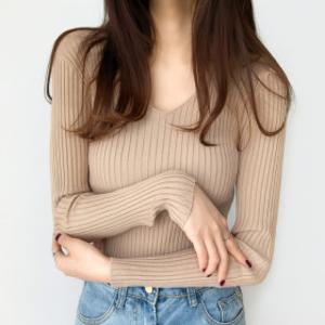 1+1 V 여성 브이넥 골지 니트 티셔츠 봄가을 슬림핏 긴팔 이너 1+1 무료배송 행사 중
