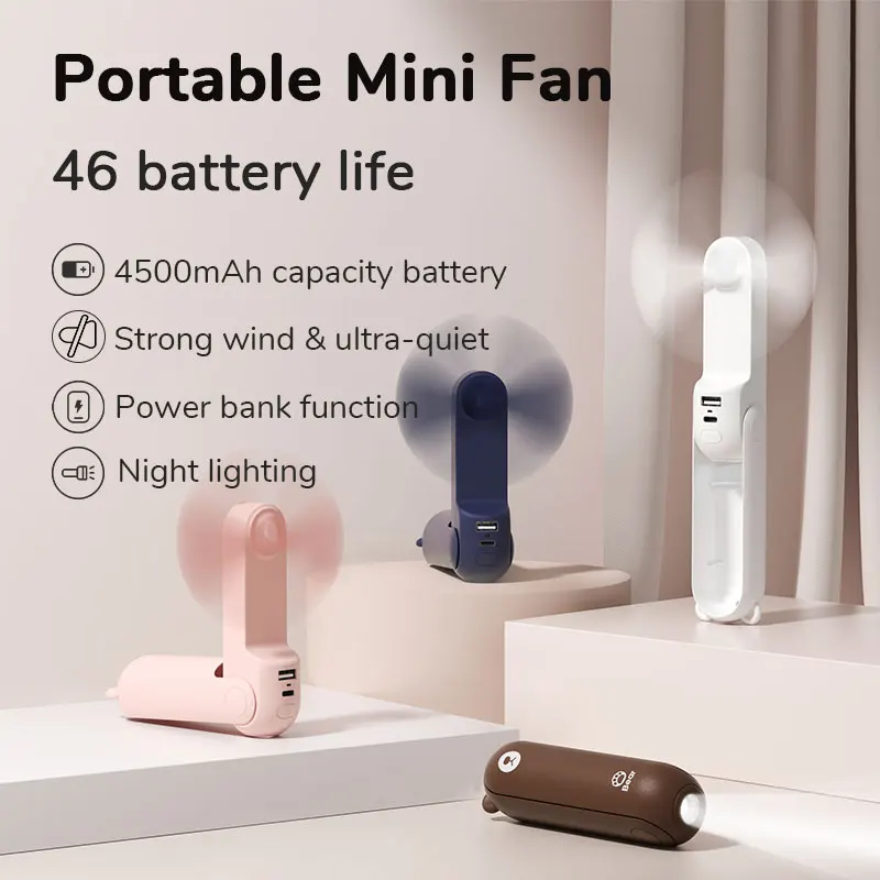 JISULIFE 휴대용 선풍기 3 IN 1 미니 핸드헬드 쿨링 선풍기 저소음 작동 전기 USB 4500mAh 파워뱅크 손전등 기능이 있는 작은 포켓 선풍기 충전
