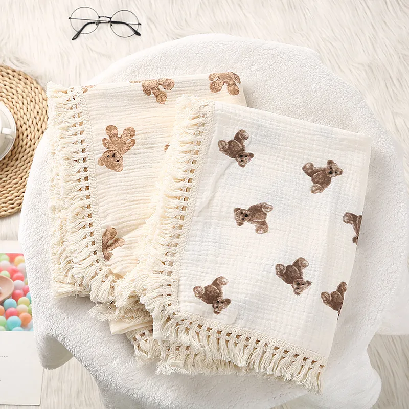 귀여운 곰 모슬린 사각형 코튼 아기 담요, 신생아 격자 무늬 유아 담요 아기 액세서리 침대 여름 이불