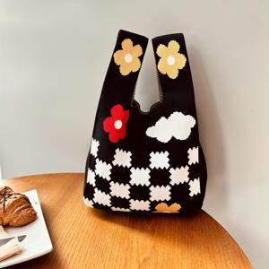 꽃과 체크무늬 패턴으로 된 니트 사첼 가방, 여성용 세련된 크로셰 쇼핑 핸드백