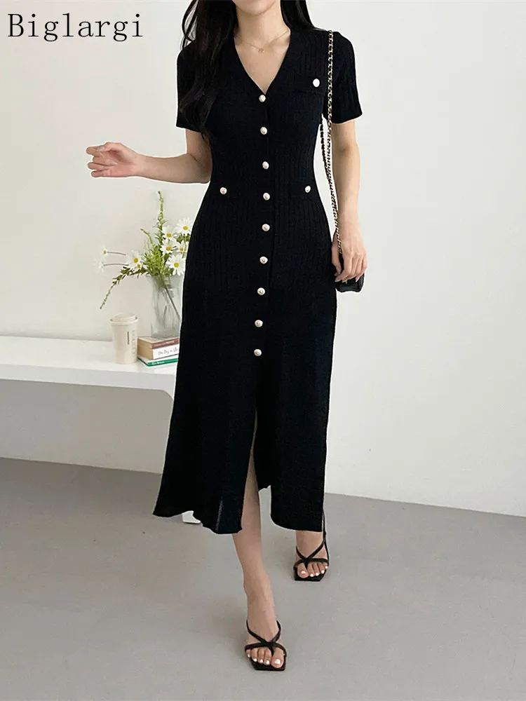 여성용 니트 블랙 바디콘 미디 드레스, 한국 스타일 프릴 드레스, 우아한 패션 캐주얼 여성 드레스, 여름 2023