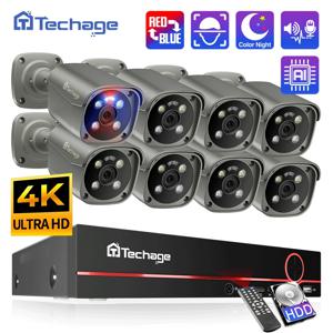 Techage-4K 보안 카메라 시스템 울트라 HD 8MP POE NVR 양방향 오디오 얼굴 감지 컬러 나이트 비전 CCTV 비디오 감시 세트, 감시카메라 씨씨티비