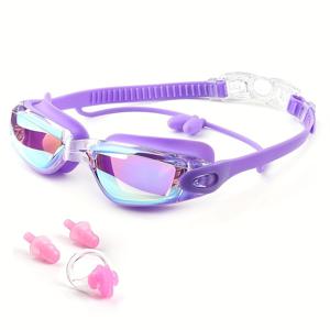 수영 안경 및 코 클립 및 귀마개, 누출 방지 안개 방지 UV 보호 수영 고글