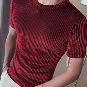 INCERUN 남성 캐주얼 티셔츠 벨루어 라운드 넥 반팔 접힌 남성 의류 스트리트웨어