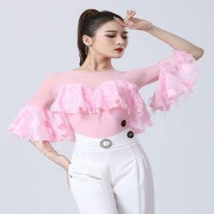 여성 댄스복 상의 라인댄스 탑 라틴 모던 긴팔 티셔츠 점프슈트 레드 핑크 화이트 블랙