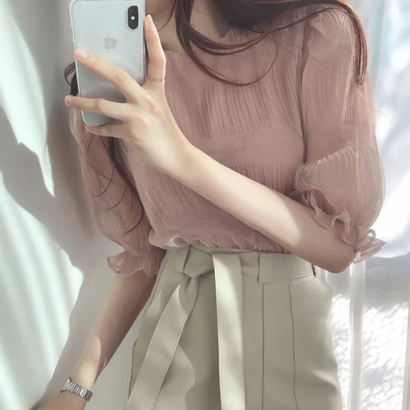 한국 세련된 다재다능한 젊은 스타일 플리트 라이트 쉬폰 셔츠 여성 Xia Yang 스타일 디자인 센스 퍼프 소매 풀오버 탑