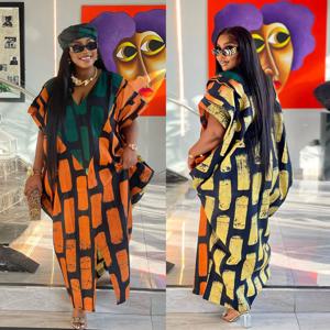 여성용 아프리카 반팔 V넥 폴리에스터 프린트 롱 맥시 원피스 앙카라 드레스, 2024 Dashiki, 가을 S-3XL