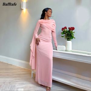 바프타페 핑크 시폰 아랍 두바이 여성 파티 드레스, 긴 소매 플리츠 시스 바닥 길이, 격식 있는 무도회 드레스, 이브닝 가운