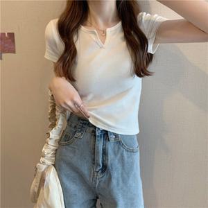 브이 트임 기본 무지 반팔 티셔츠 라운드넥 레이어드 실켓 피서룩 여자 여친룩 데이트룩