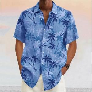 블루셔츠 여름반팔셔츠 여자 남자 루즈핏 남방 남성용 코코넛 나무 프린트 라펠 단추 셔츠블루 하와이안 반