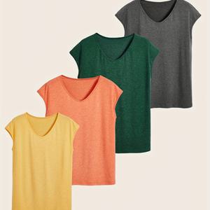 여성용 캐주얼 운동용 티셔츠 4팩, 편안한 핏 V넥 티, 단색 스포츠 상의, 통기성이 좋은 다용도