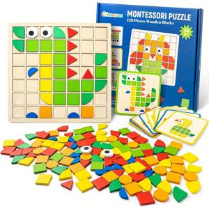 120 개/대 나무 모자이크 퍼즐 장난감, 몬테소리 어린이 나무 3D 기하학적 모양 지그 소 퍼즐 보드 세트, 조기 교육 장난감