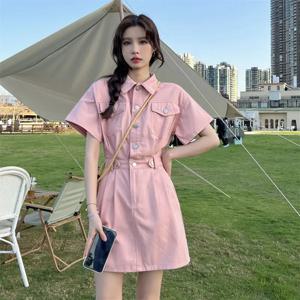 하이 엔드 Feelnichedesigndenim 여성을위한 반팔 드레스 여름 새 스타일 허리 장착 a 라인 미니 스커트 독특한 디자인