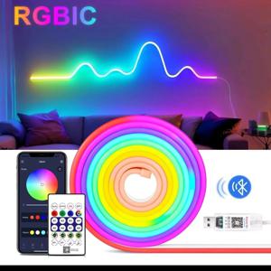 RGBIC 블루투스 네온 LED 스트립 조명, 방수, 유연한 앱 음악, 크리스마스 휴일 무드 조명, 1-5m, 5V