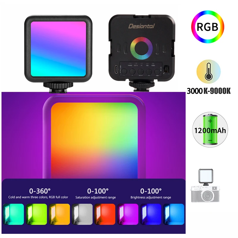 핫 풀 컬러 RGB 사진 LED 비디오 라이트, 3000K-9000K 800LUX 마그네틱 미니 필 3 콜드 슈, 1200mAh C타입 카메라 라이트