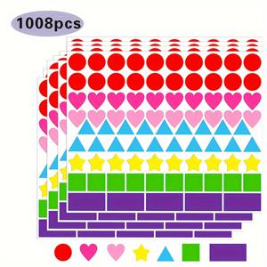 TEMU 다양한 모양의 색상 코딩 라벨 1008개 - 7가지 생동감 넘치는 색상, 다양한 모양 (원, 하트, 별, 삼각형, 사각형, 직사각형) - 교실, 사무실 및 정리용 종이 소재 스티커