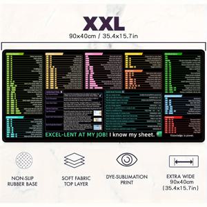 TEMU 엑셀 단축키 마우스 패드 - 대형, 미끄럼 방지 데스크 매트, 사무실 효율성용 엣지 잠금