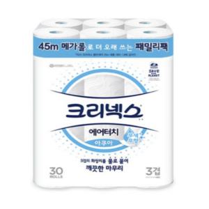 크리넥스 3겹 에어터치 아쿠아 메가롤 45M 30롤x1팩