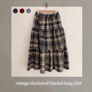 [Vintage/Check] 여성 따뜻한 빈티지 체크 담요 롱치마 // 따뜻 밴딩 모직 스커트 롱 귀여운 러블리 캉캉 치마 프렌치 (ES~21)