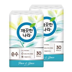 깨끗한나라 순수 2겹 40m 30롤 X 2팩 총 60롤 / 천연펄프 무형광 화장지 휴지