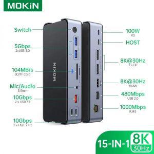 노트북 도킹 스테이션 썬더볼트 멀티 허브 MOKIN USB C 타입 포트 어댑터 HDMI RJ45 PD3.0 A 2.0 3.0 SD/TF