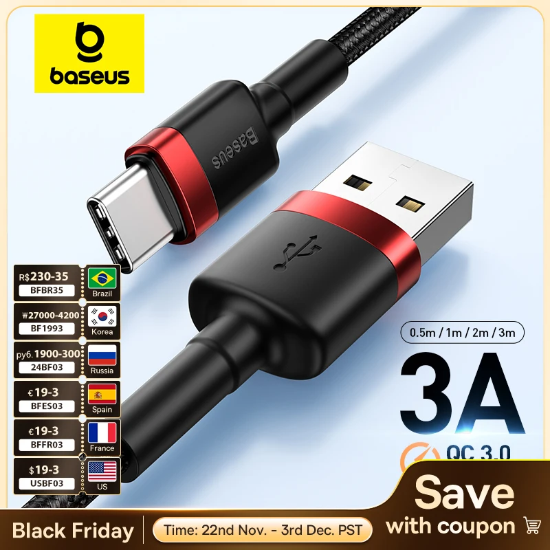 Baseus USB C 타입 케이블, 화웨이 아너, 샤오미, 삼성, 슈퍼 차지, 고속 충전, USB C 충전기, 데이터 케이블, 와이어 코드