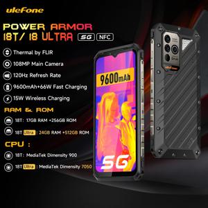 Ulefone 파워 아머 18T 울트라 5G 견고한 휴대폰 열화상 카메라, FLIR®글로벌 스마트폰, 256GB, 512GB, 9600mAh, 66W