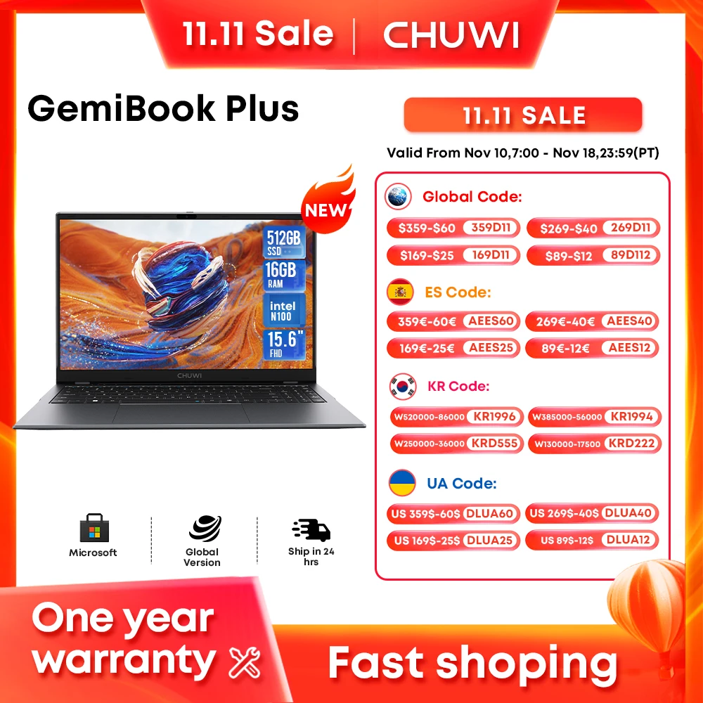 CHUWI GemiBook Plus 노트북, 인텔 알더 레이크 N100, 15.6 인치 FHD 1920x1080 와이파이 6, 윈도우 11 노트북, 16GB LPDDR5, 512GB SSD