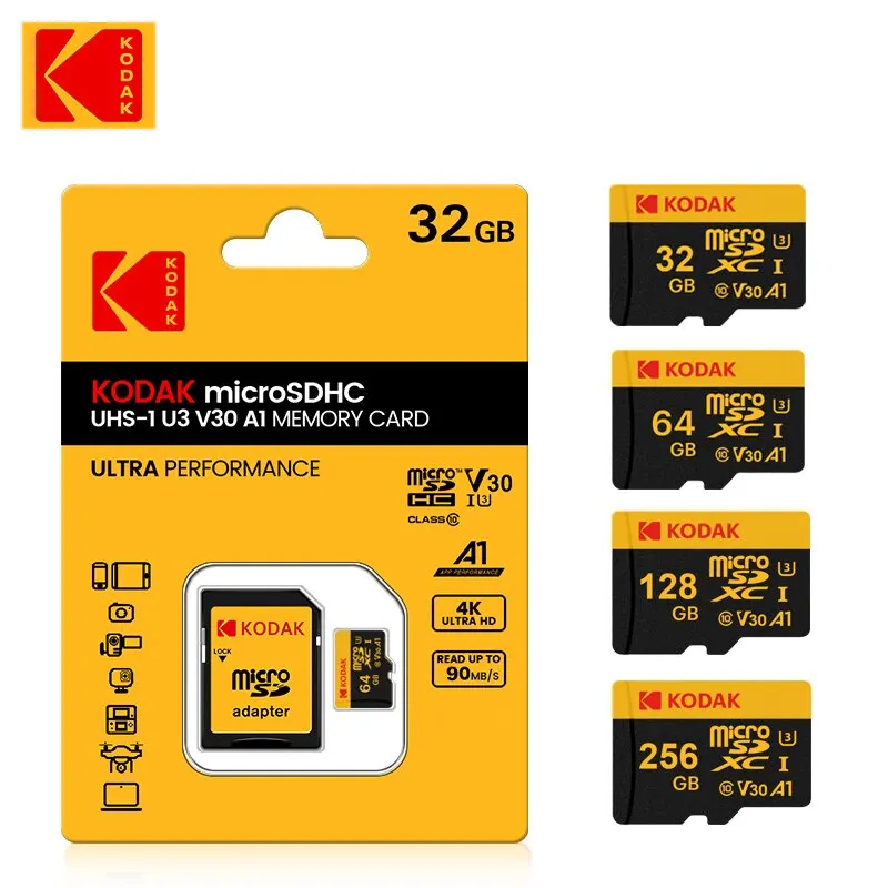 Kodak Micro SD 카드 메모리 카드 클래스 10 32GB 64GB 128GB 256GB U3 4K 고속 Cartao De Memoria 플래시 메모리 TF 메카드 C10