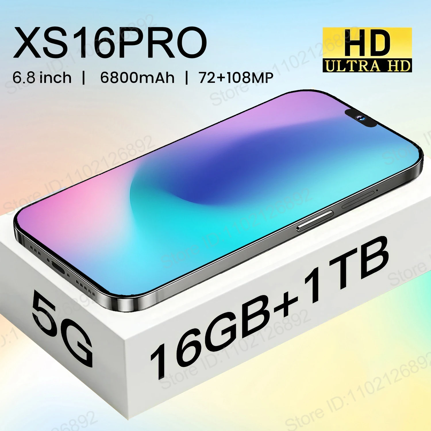 브랜드 스마트폰용 오리지널 풀 스크린 휴대폰, XS 16Pro, 4G, 5G, 6800mAh, 글로벌 버전, 6.8 인치, 신제품