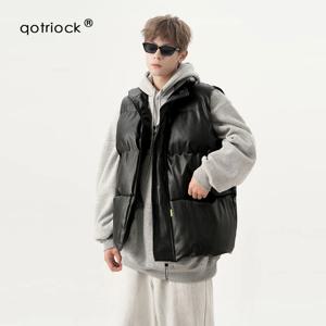 Qotriock American PU 가죽 조끼면 패딩 재킷 남성과 여성 겨울 2023 패션 브랜드 헐렁한 스탠드 칼라 양복 조끼 겉옷