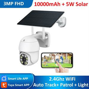 Tuya 스마트 3MP 순찰 인체 필터링 5W 태양열 10000mAh 배터리 무선 PTZ 야외 WiFi PIR CCTV 자동 추적 카메라