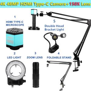 HDMI C 타입 산업용 비디오 현미경 카메라, 디지털 이미지 수집용 마운트 렌즈 리모컨, 1-150 배 줌, HD 4K 48MP