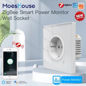 Moes ZigBee 스마트 벽 소켓 유리 패널 콘센트 전원 모니터, 투야 무선 제어 메쉬 타이머, 알렉사 구글 홈 음성 EU