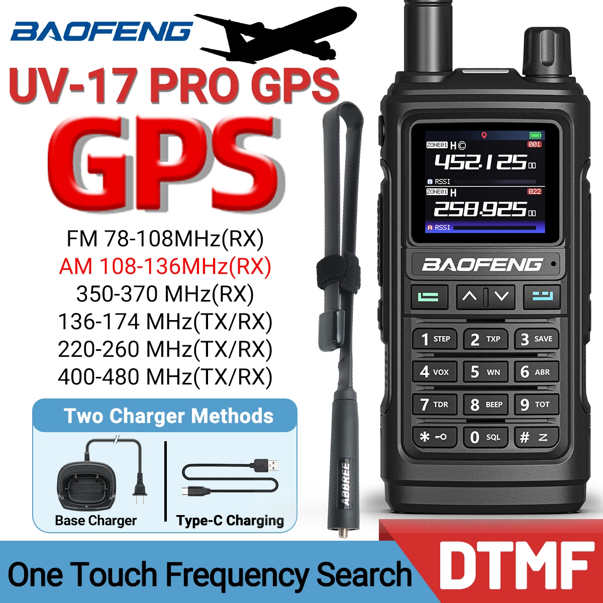 Baofeng UV-17 PRO GPS 에어 밴드 워키토키, 무선 복사 주파수 NOAA DTMF C 타입, UV-5R K5 21 프로 햄 양방향 라디오