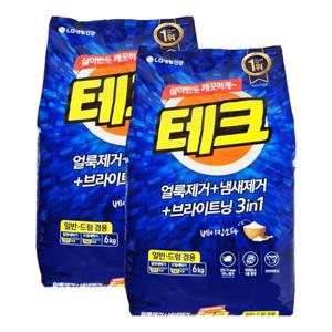 테크 얼룩 냄새제거 브라이트닝 일반드럼 겸용 분말 세탁세제 리필 6kg x 2개