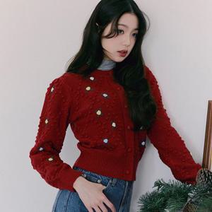 HAND FLOWER POMPOM CARDIGAN RED