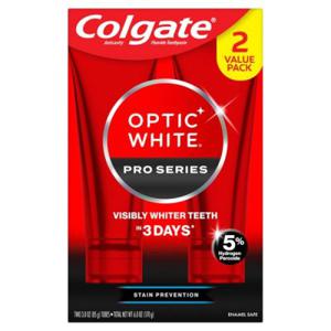 콜게이트 Colgate Optic White 프로 시리즈 미백 치약 5% 과산화수소 함유, 얼룩 방지, 3온스 튜브, 2팩, 치아미백